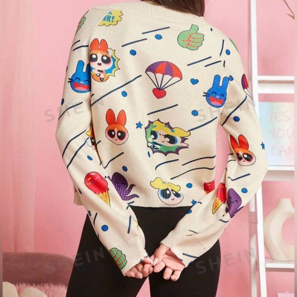 SHEIN The Powerfuff Girls X Sz(S) V Neck Cartoon Pattern Reglan Sleeve Sweater - Picture 4 of 6